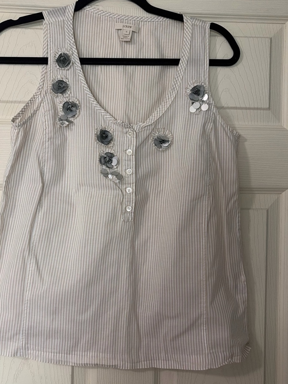 J. Crew White & Light Gray Striped Embellished Sleeveless Top
